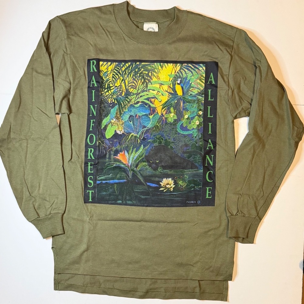 Vtg 90s Down To Earth Products Rainforest Alliance TShirt Mens M Green